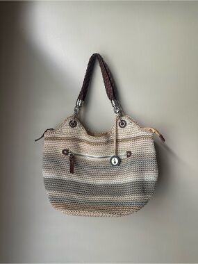 The Sak Crochet Stripe Shoulder Bag in Beige, Brown and Gray